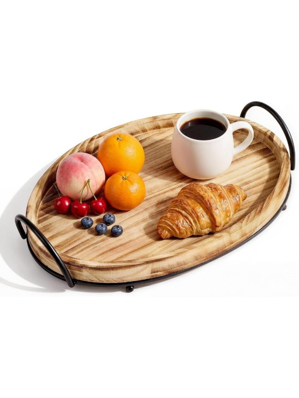 16.5” x 11” Round Wooden Serving Tray with Metal Handles - Rustic Home Decor